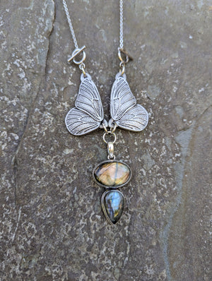 Adjustable Two Stone Labradorite Butterfly Necklace