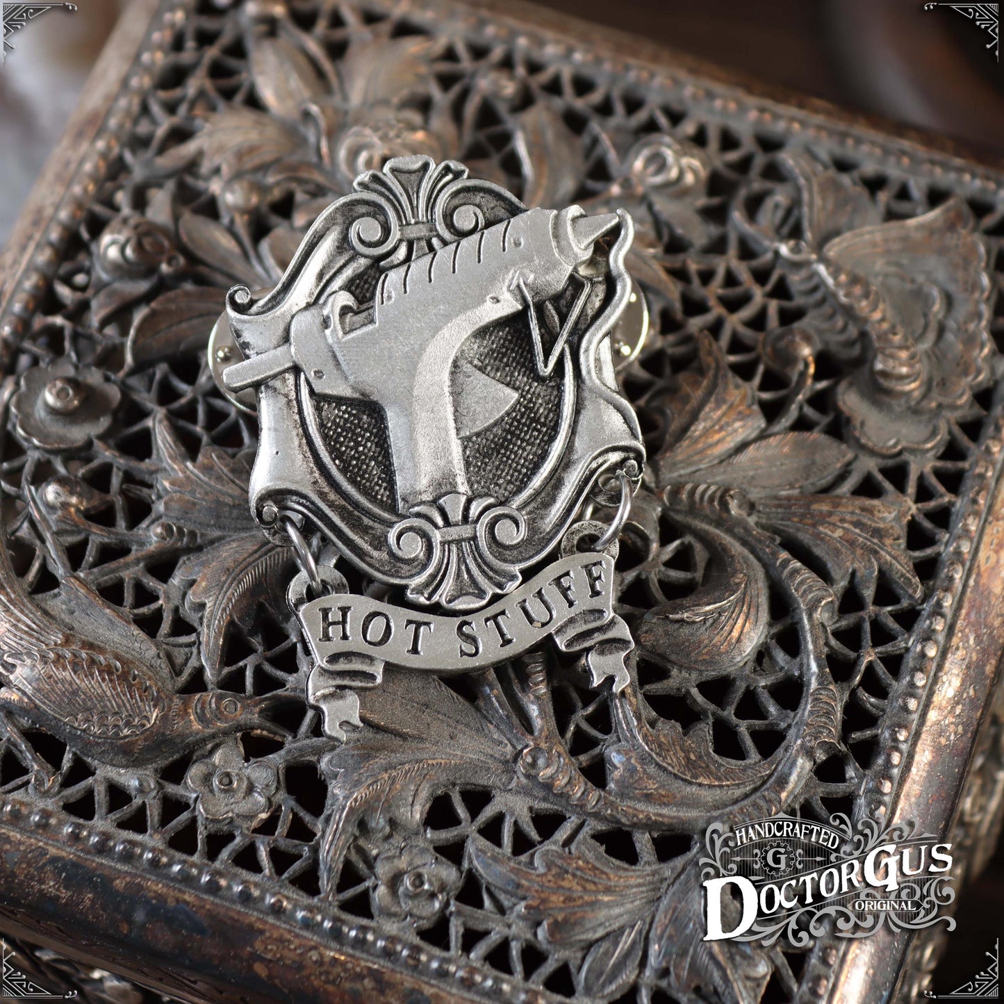 Hot Stuff – Handcrafted Pewter Hot Glue Gun Lapel Pin | Rogues Gallery by Doctor Gus Designs