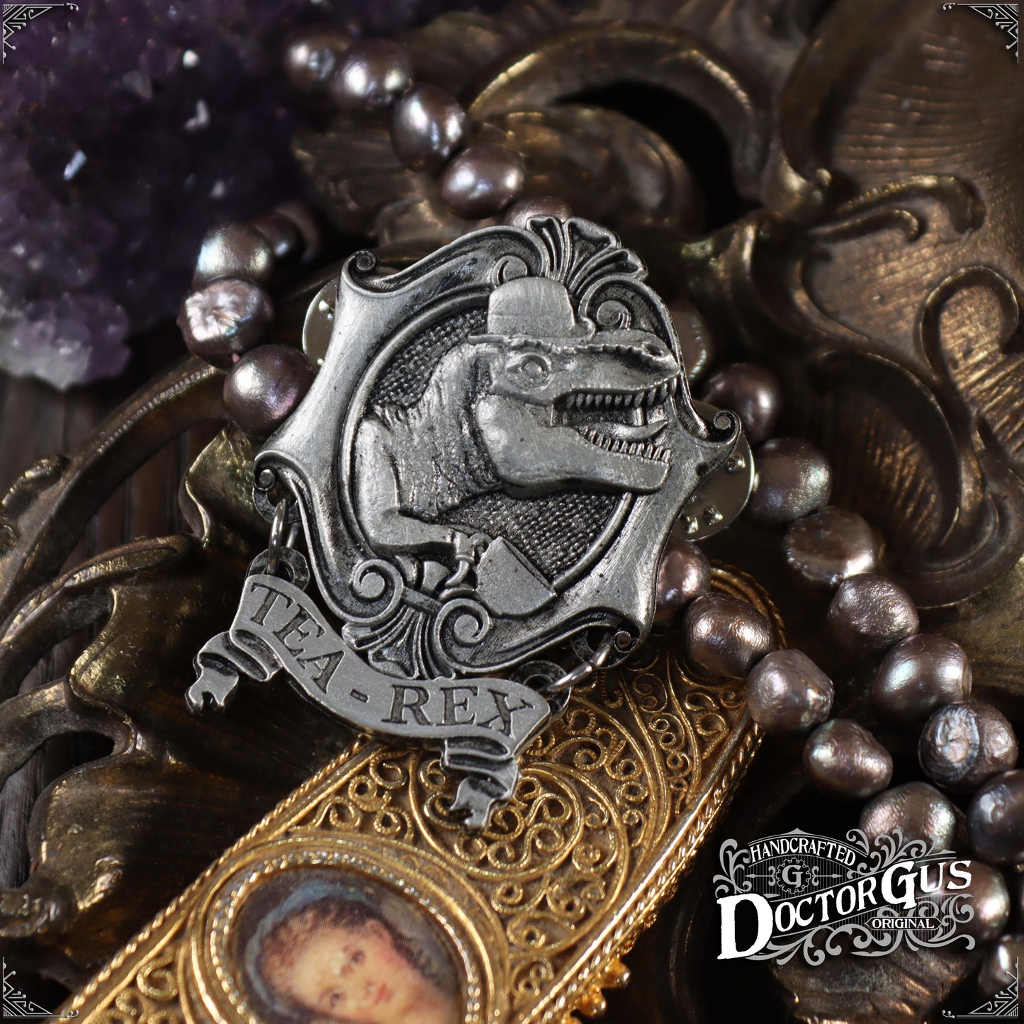Tea Rex – Handcrafted Pewter Dinosaur Lapel Pin | Funny Tea Lover Gift | Rogues Gallery by Doctor Gus