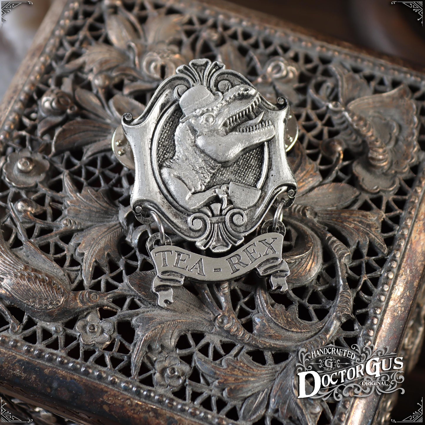 Tea Rex – Handcrafted Pewter Dinosaur Lapel Pin | Funny Tea Lover Gift | Rogues Gallery by Doctor Gus