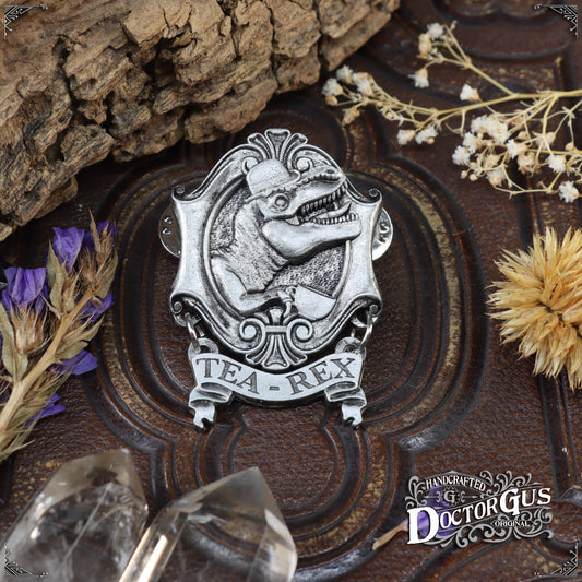 Tea Rex – Handcrafted Pewter Dinosaur Lapel Pin | Funny Tea Lover Gift | Rogues Gallery by Doctor Gus