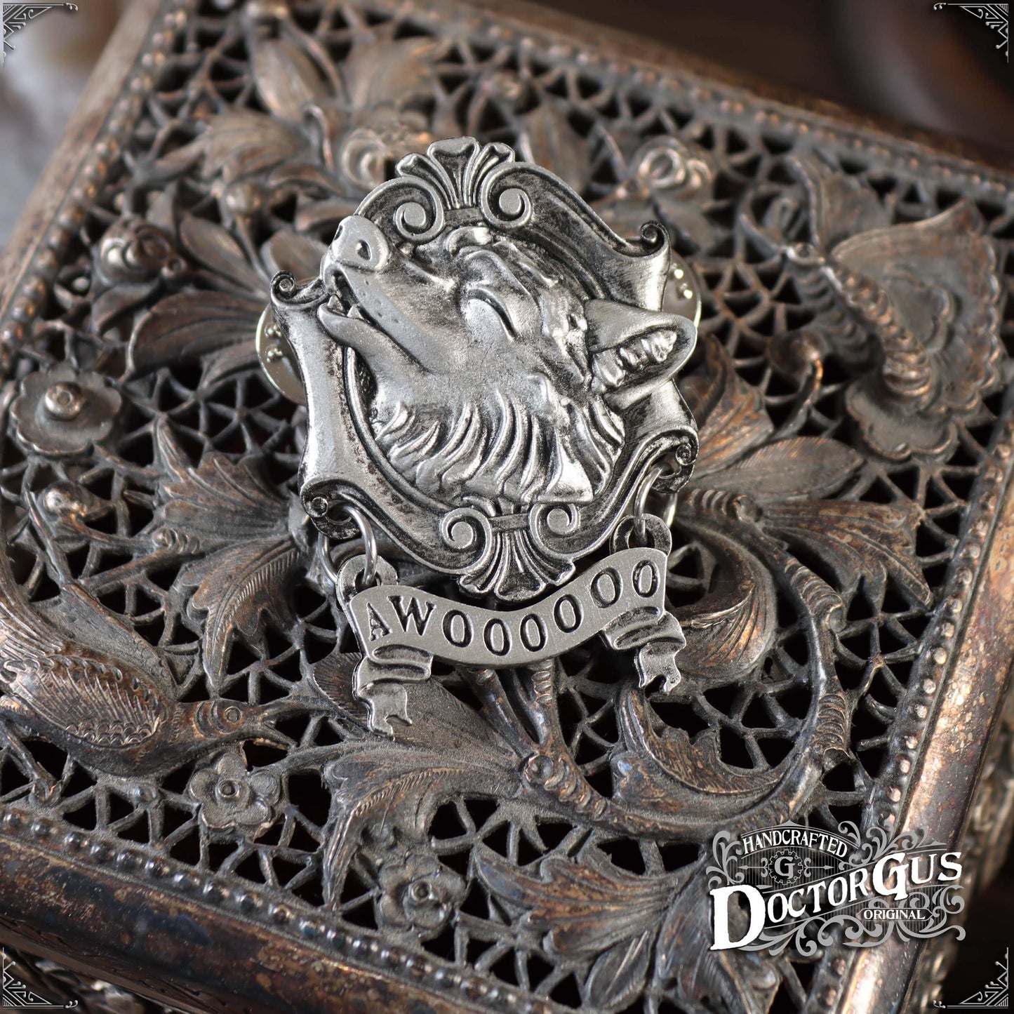 Awoo – Handcrafted Pewter Wolf Lapel Pin | Rogues Gallery by Doctor Gus Designs