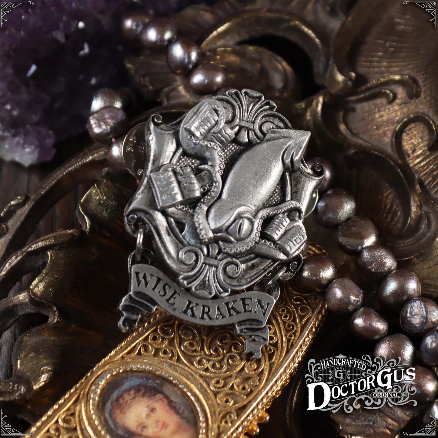 Wise Kraken – Handcrafted Pewter Squid Lapel Pin | Rogues Gallery by Doctor Gus Designs