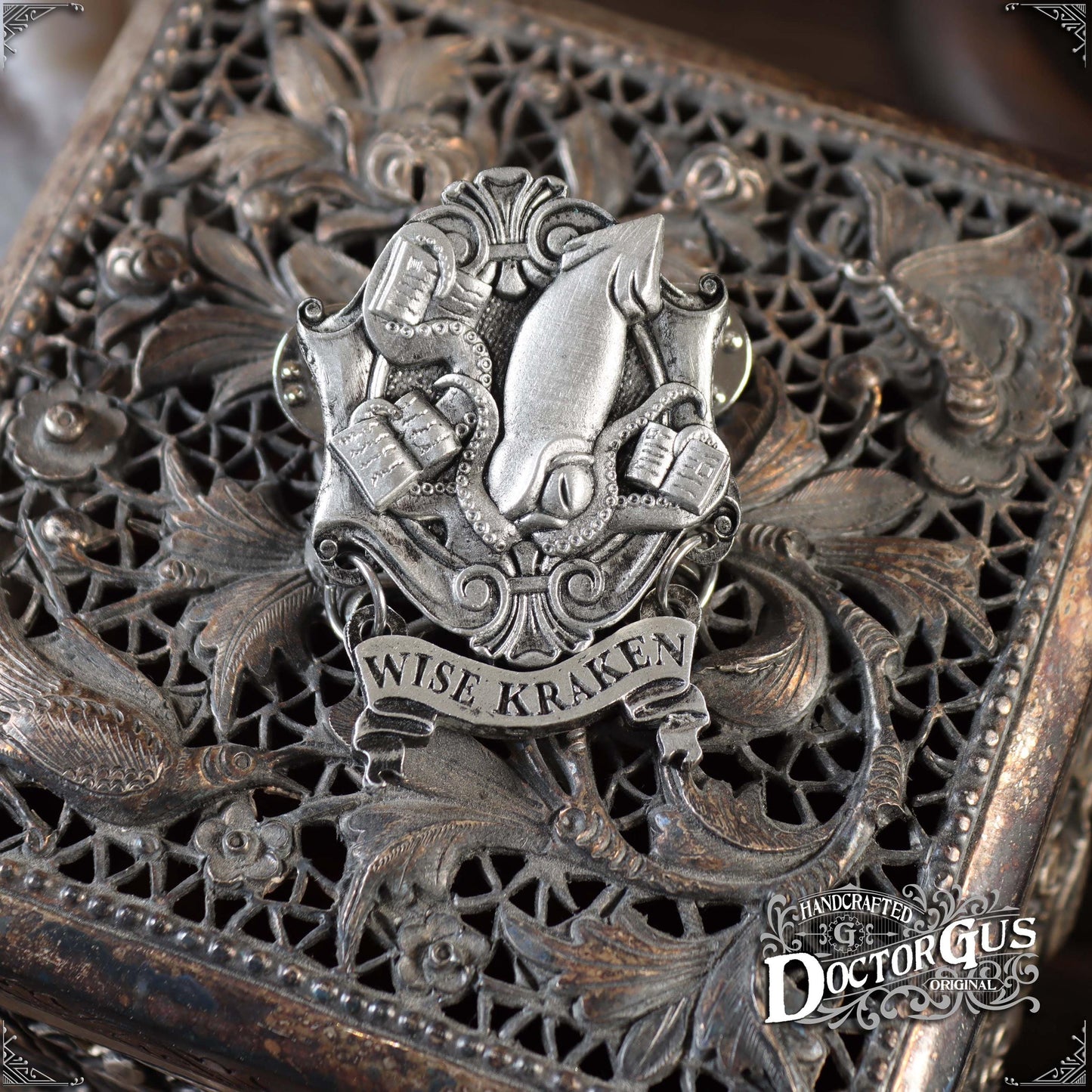 Wise Kraken – Handcrafted Pewter Squid Lapel Pin | Rogues Gallery by Doctor Gus Designs